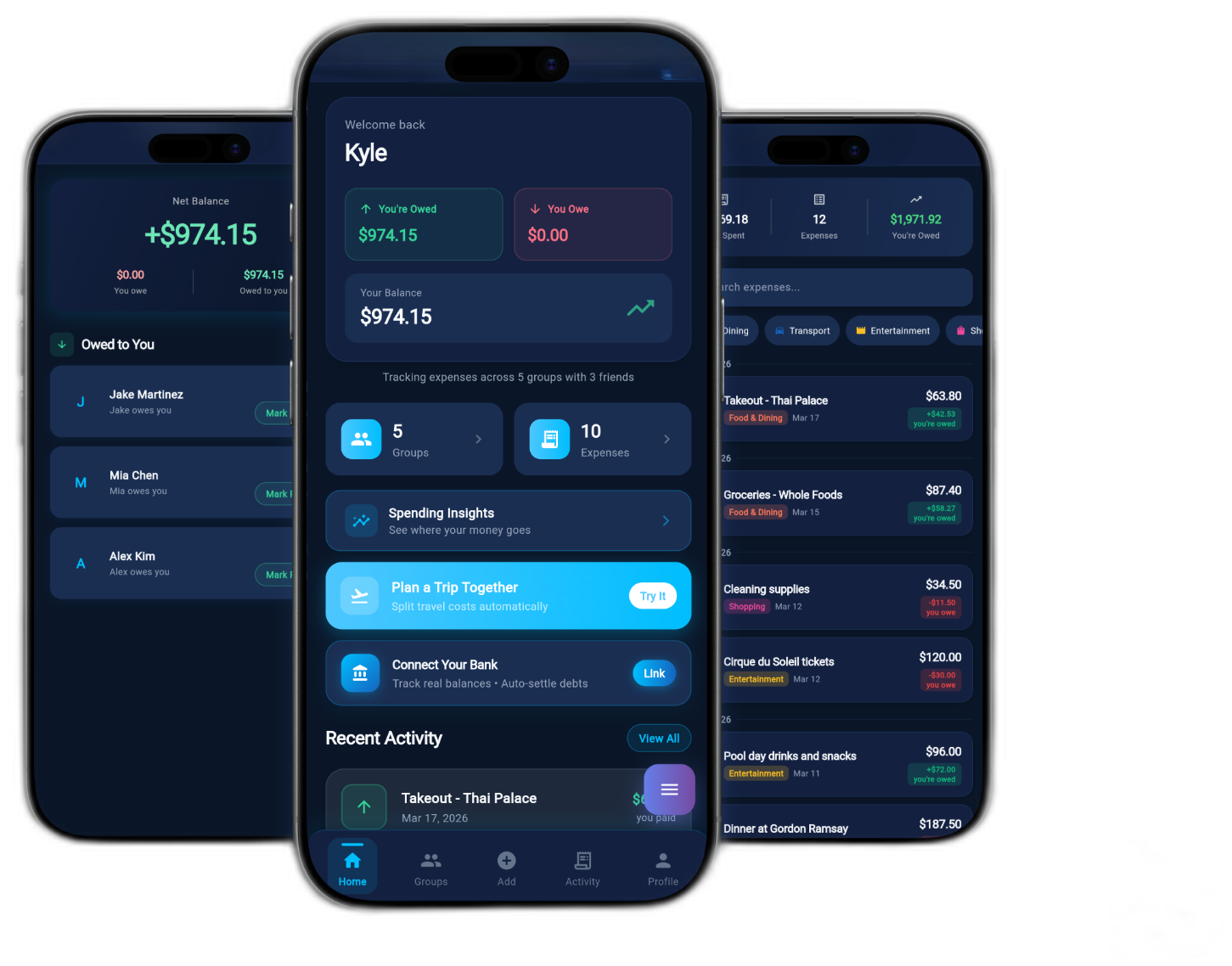 SmartSplitter app showing net balance, expense tracking, and recent activity across three screens
