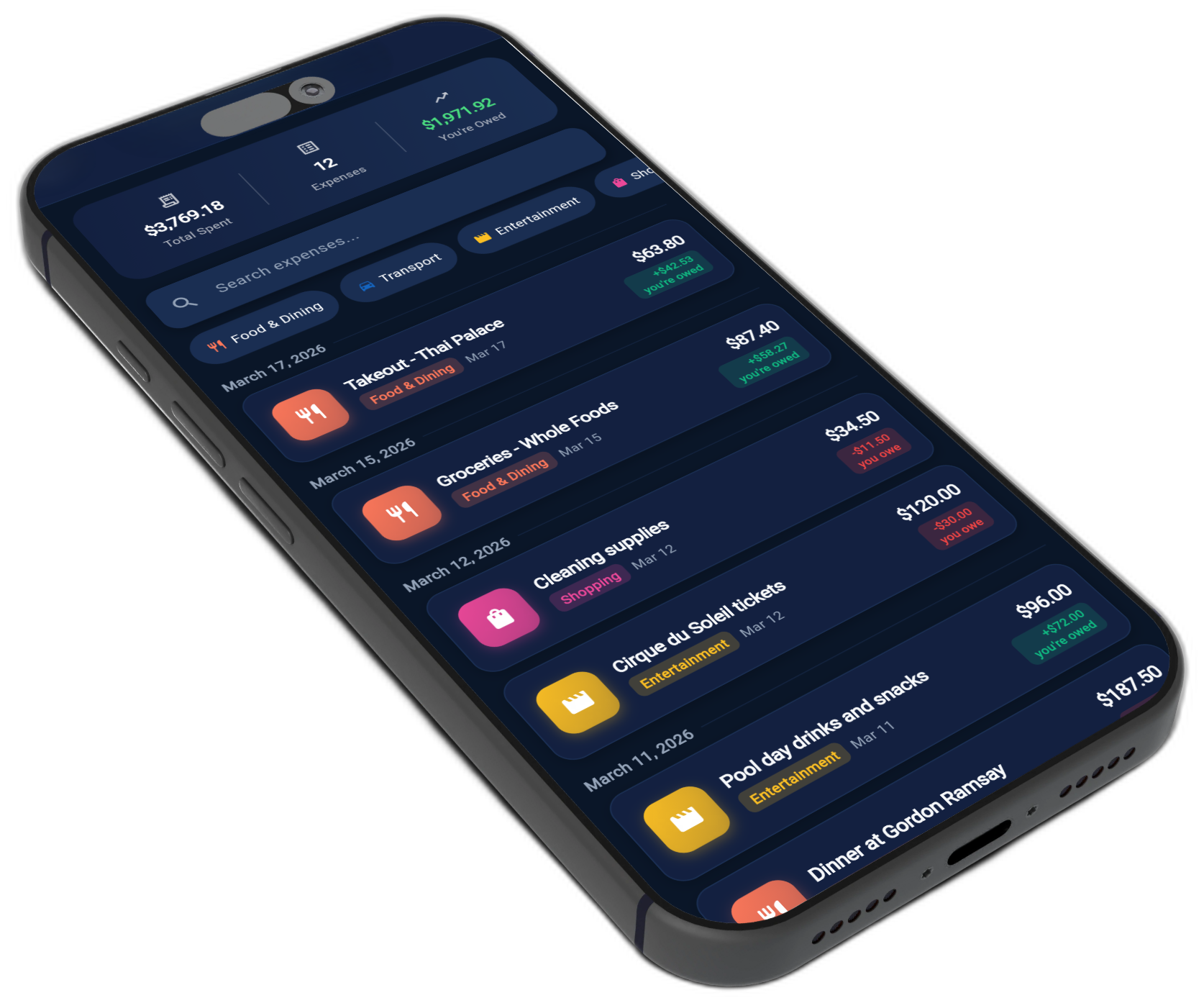 SmartSplitter expenses list showing categorized spending with Food, Transport and Entertainment