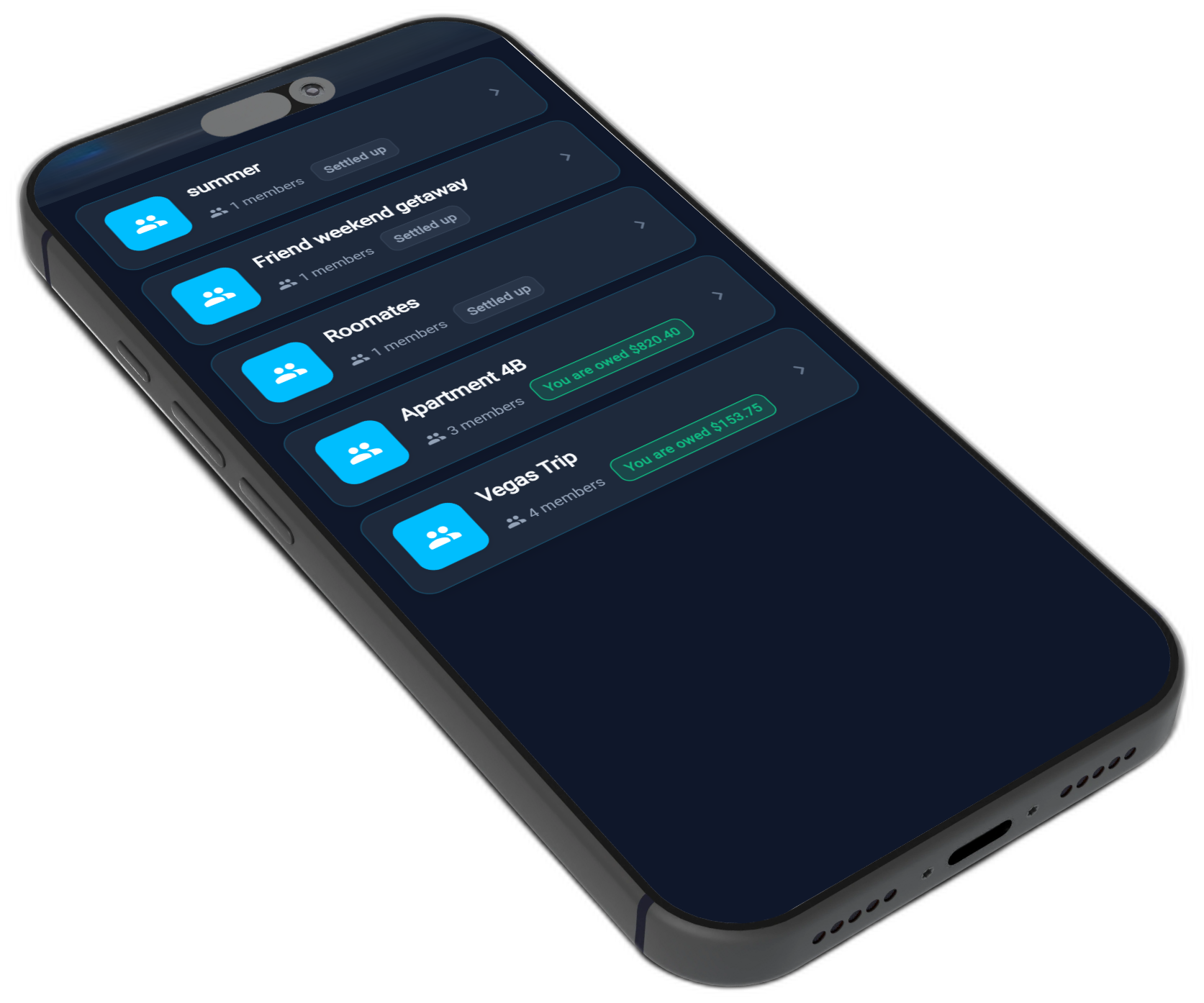 SmartSplitter app showing groups list with Summer Trip, Apartment 4B and Vegas Trip