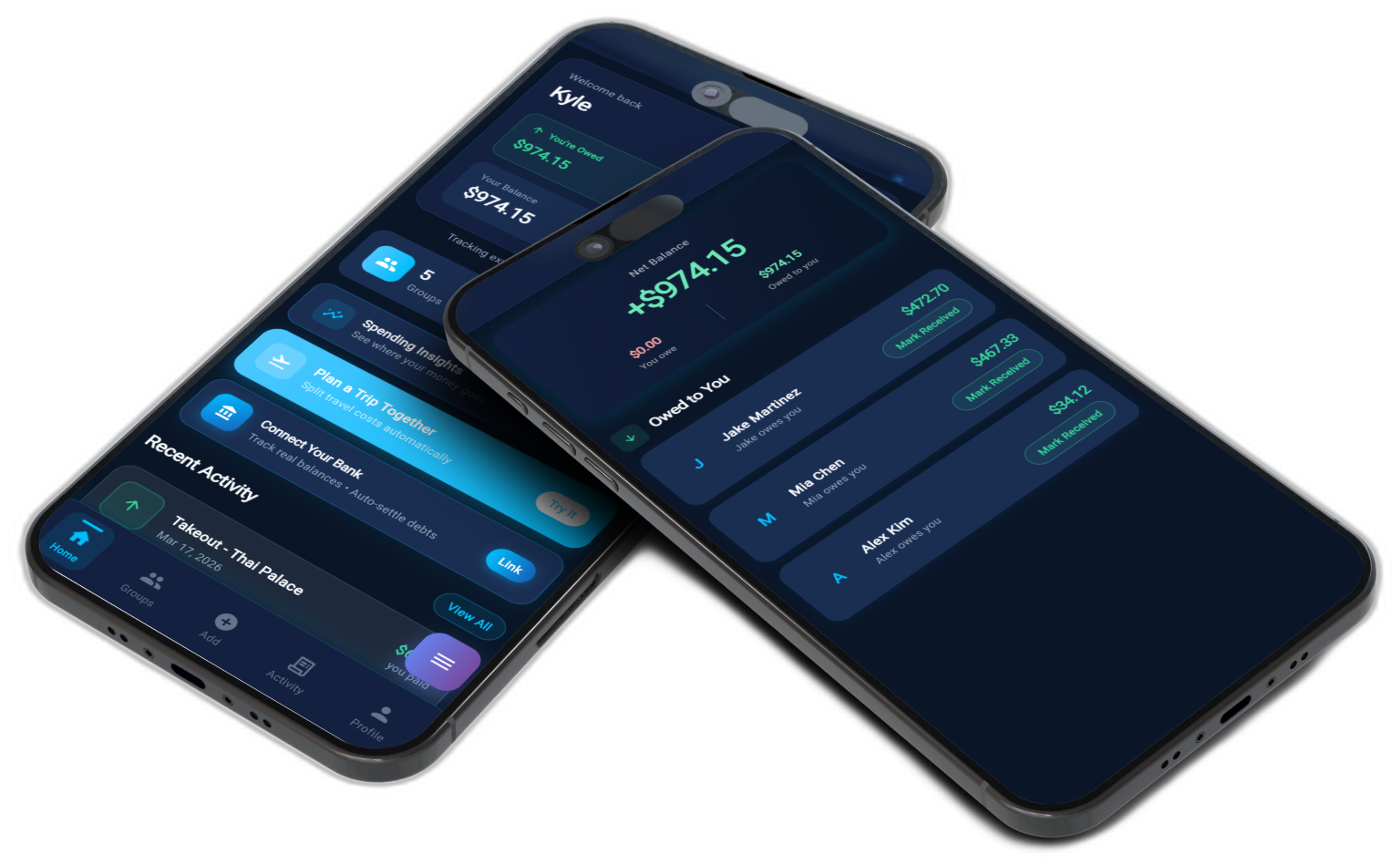 SmartSplitter settle up screen showing two phones with balance summaries and payment options